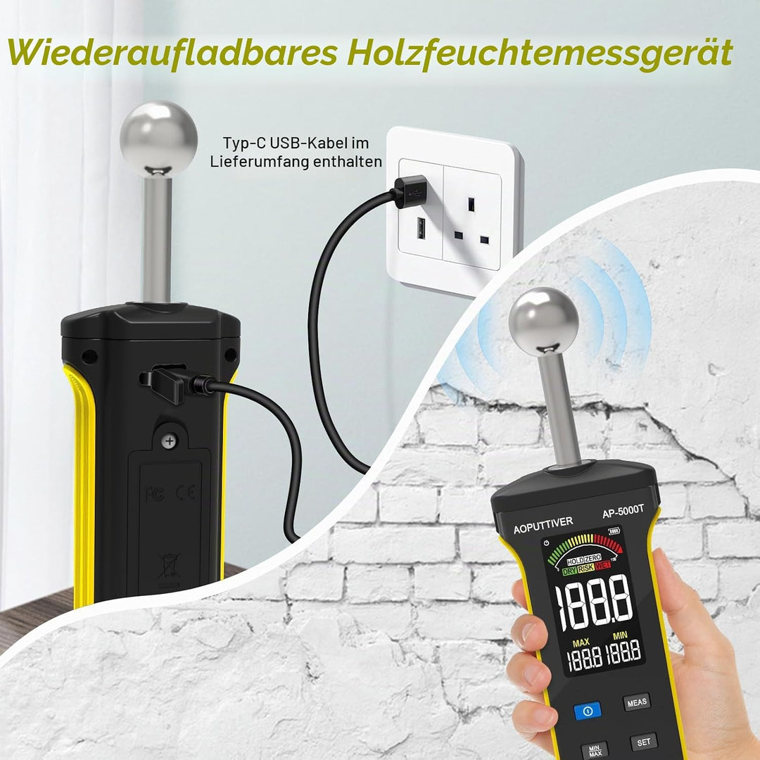 AOPUTTRIVER Pinless Feuchtemessgerät, Holzfeuchtemessgerät für Wände, Holz, Mauerwerk und Beton mit