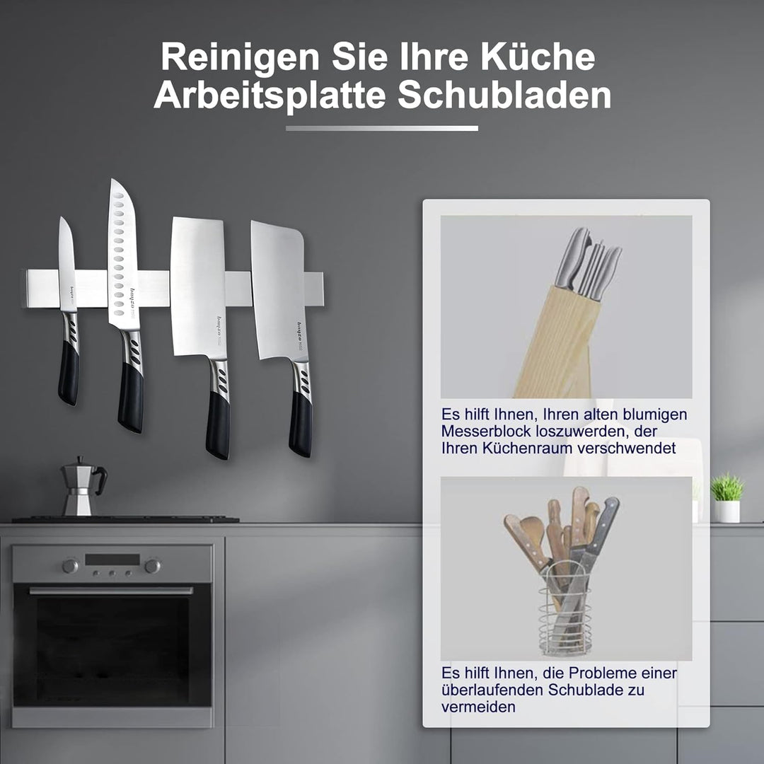 [Verbesserte 60cm] Trhillsbrad Magnetleiste Messer, 60cm Messerhalter Magnetisch mit 3 Haken Edelsta