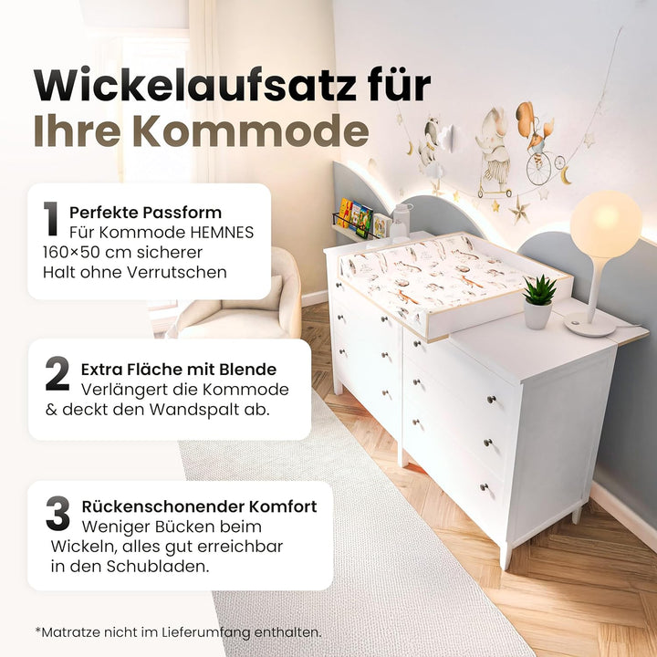 Wickelaufsatz mit Platte für Hemnes von IKEA, Wickeltischaufsatz für 50x160 cm Kommoden, Abnehmbar W