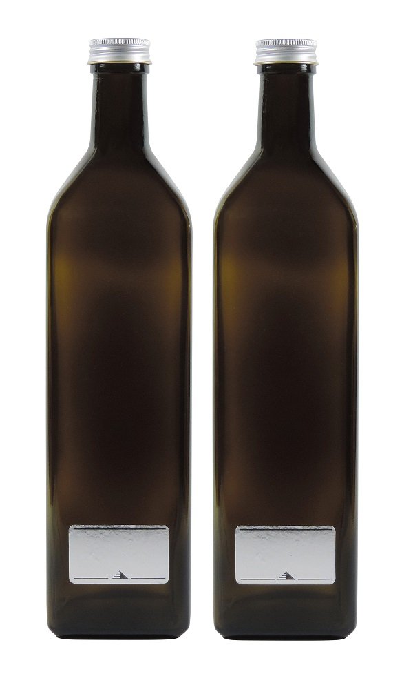 mikken 2x grün-braune Glasflasche 1000ml, Ölflasche inkl. 2 Beschriftungsetiketten Braun 1000 ml, Br