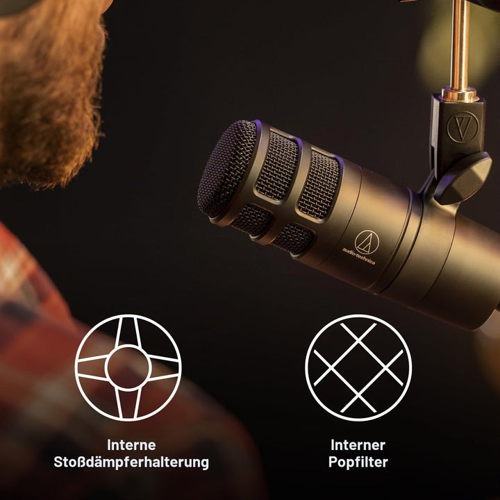 Audio-Technica 2040 Dynamisches Podcast-Mikrofon mit Hypernierencharakteristik Schwarz Single, Singl