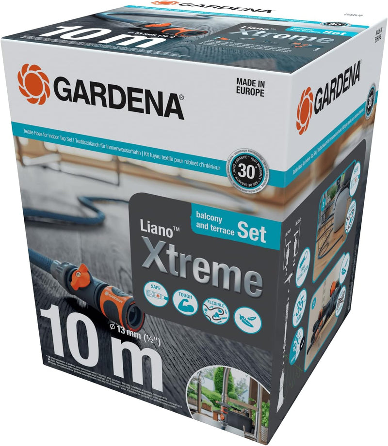 Gardena Liano Xtreme 1/2 Zoll, 10m Set + Indoor-Adapter: Extrem robuster Gartenschlauch aus Textilge