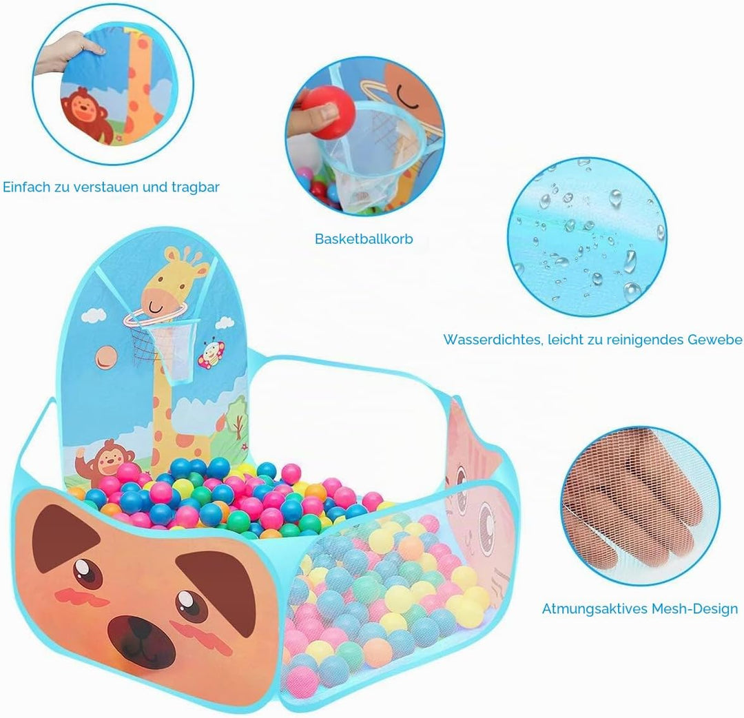 Ruspela Kinder Pop Up Faltbares Cartoon Spielzelt Pit Pool mit Basketballkorb Blau