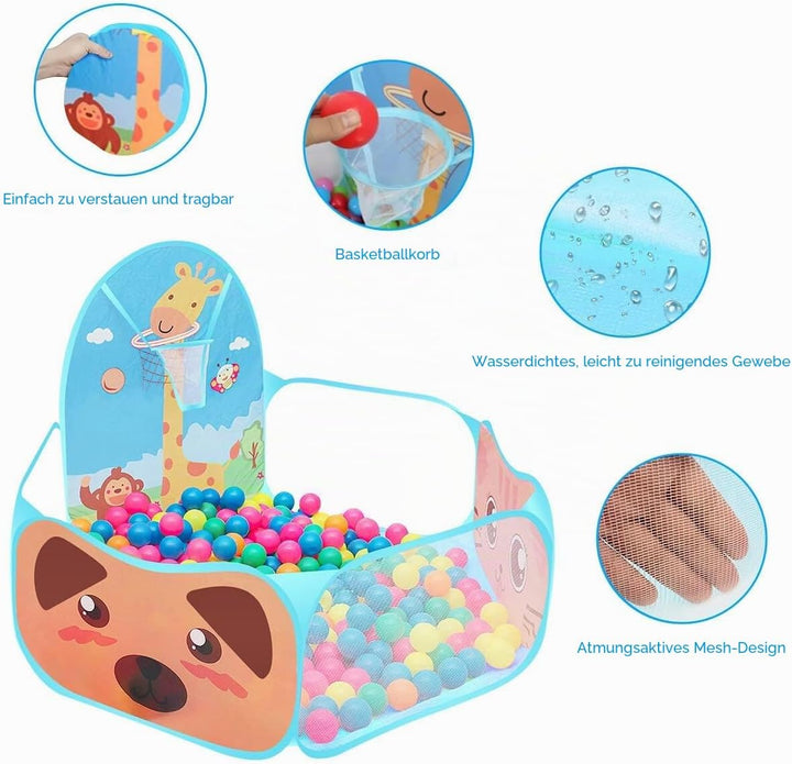 Ruspela Kinder Pop Up Faltbares Cartoon Spielzelt Pit Pool mit Basketballkorb Blau
