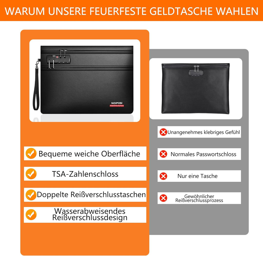 Noiposi 6400℉ Feuerfeste Dokumententasche mit Schloss, 12-lagige Wärmedämmung | Doppeltem Reissversc