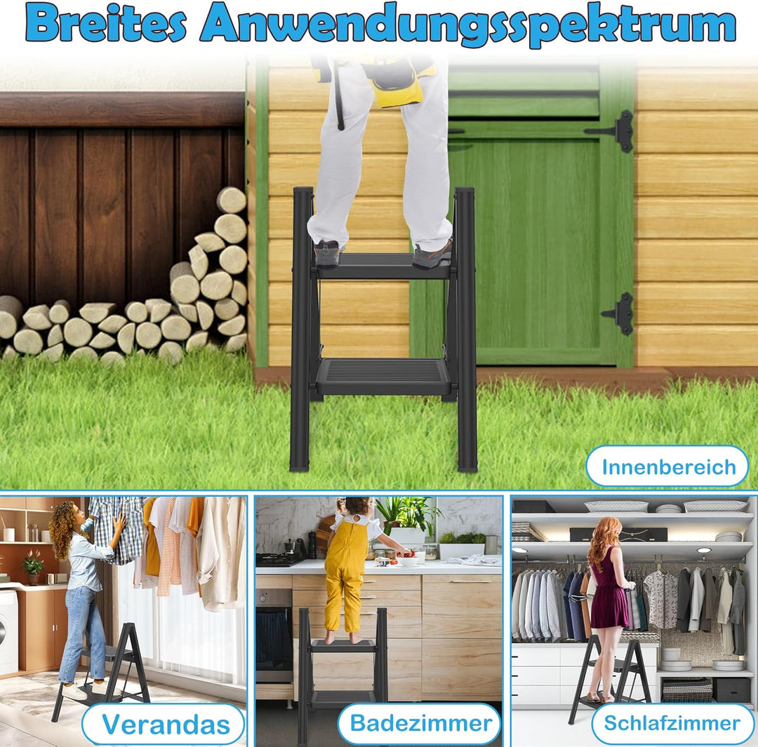Aufun Trittleiter 2 Stufen, Klappleiter mit breitem Anti-Rutsch-Pedal, Haushaltsleiter Multifunktion