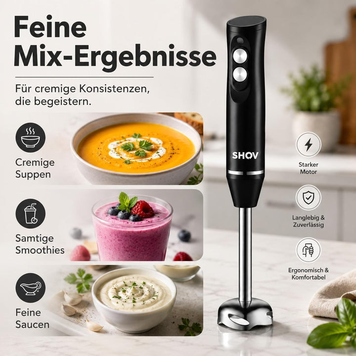 Shov Stabmixer- Hochleistungs-Stabmixer, Edelstahlklingen, 2 Geschwindigkeiten, Ergonomisches Design