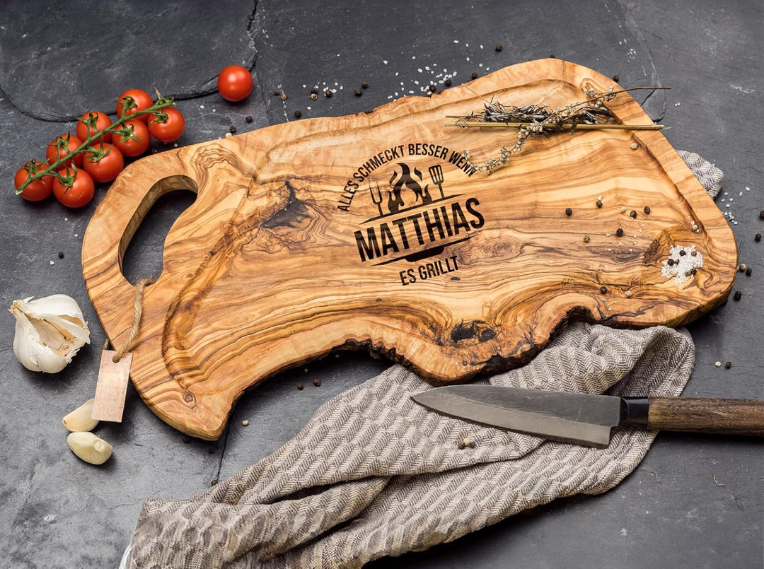 Schneidebrett Personalisiert | Olivenholz | Steakbrett | Grillbrett | Grill Geschenke für Männer | G