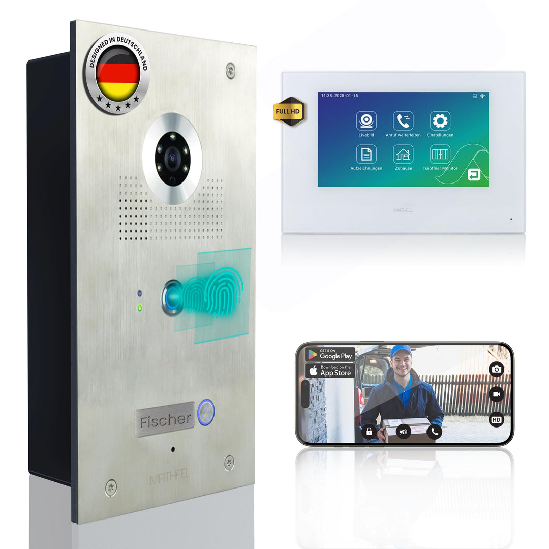 MATHFEL 4 Draht Videotürsprechanlage mit Fingerprint, 170° Weitwinkel-Fischaugen-Kamera in Edelstahl