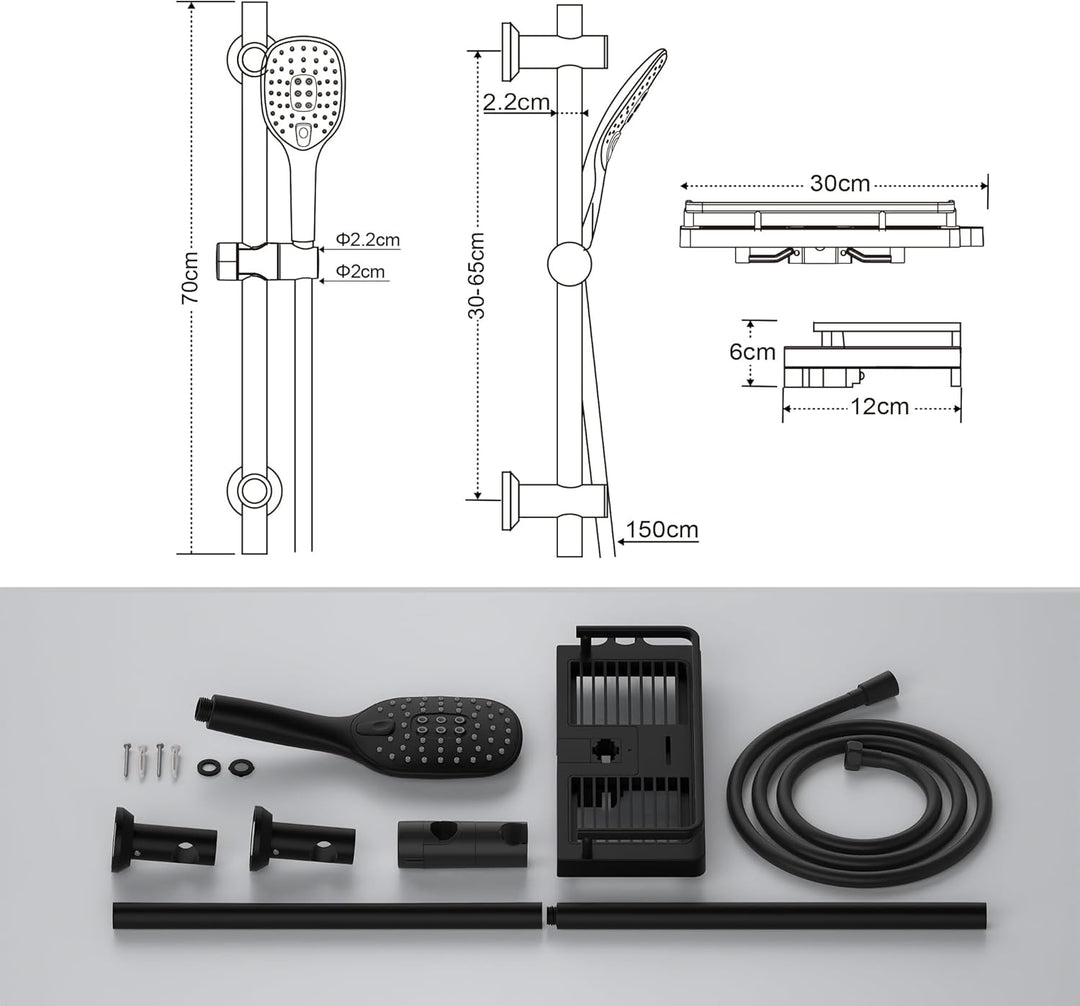 Görbach Duschset Rail Shower kit Handbrause Duschstange Duschablage/Seifenschale Handbrauseschlauch