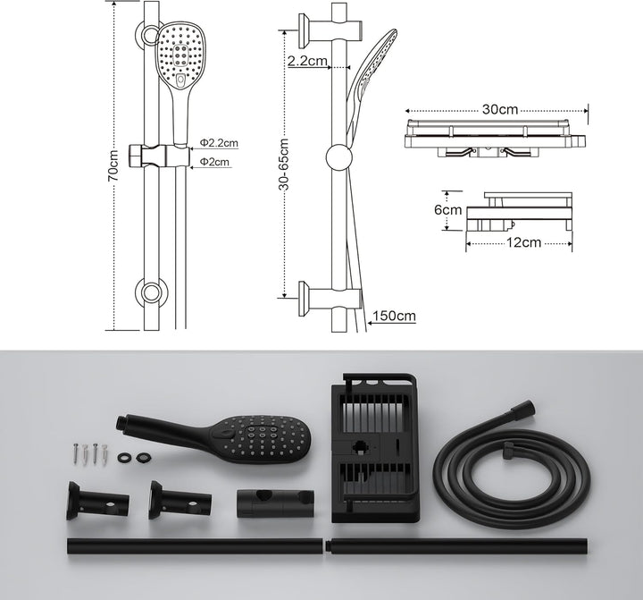 Görbach Duschset Rail Shower kit Handbrause Duschstange Duschablage/Seifenschale Handbrauseschlauch