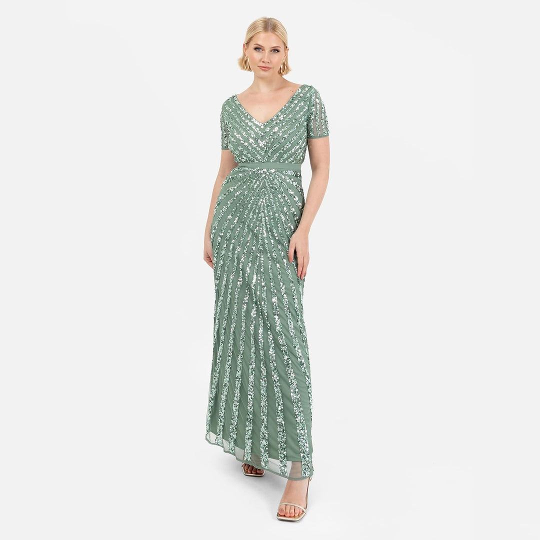 Maya Deluxe Damen Maxi Womens Ladies Embellished Sequin Dress Long Short Sleeve V Neck High Empire W