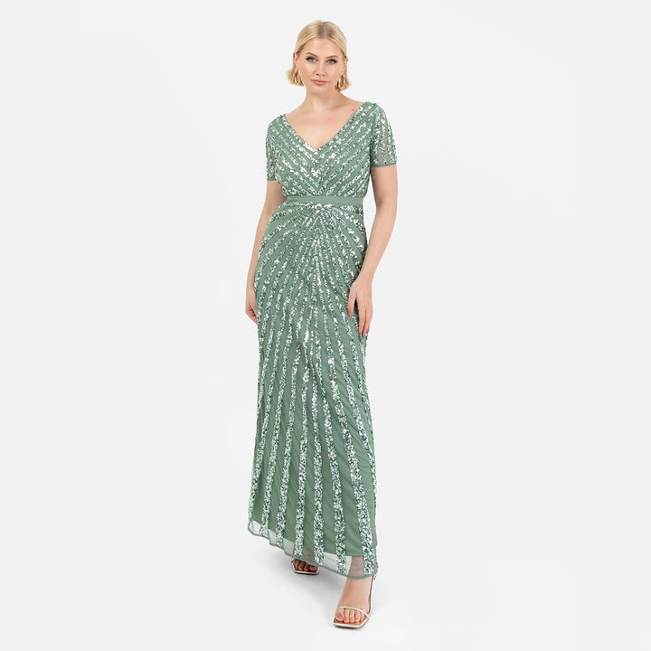 Maya Deluxe Damen Maxi Womens Ladies Embellished Sequin Dress Long Short Sleeve V Neck High Empire W