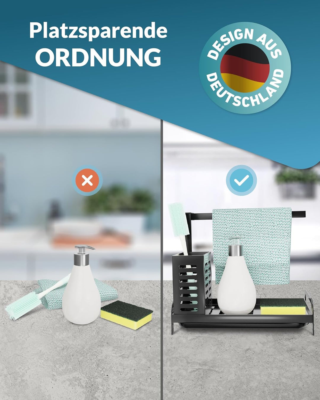 Spülbecken Organizer mit Abtropfschale in Schwarz | praktischer Spülorganizer aus Edelstahl für Spül