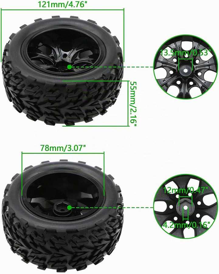 Pxyelec Gummireifen für Monster Truck 1:10 RC Auto Rad Typ Reifen mit 7 Speichen Felge Schwarz RC Te