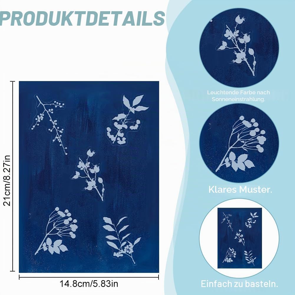 WEBEEDY Cyanotype Set Blumen Blätter Cyanotypie Papier Sonnenkunstpapiere Set Enthält 30 Blätter A5