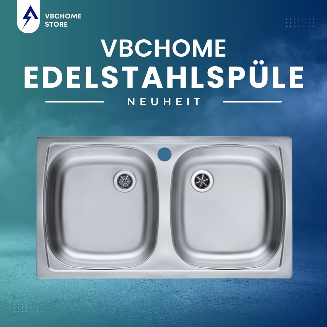 VBChome Doppelbecken Einbauspüle mit Hahnloch 78 x 44 cm Camping Küchenspüle - Leinenstruktur Alveus