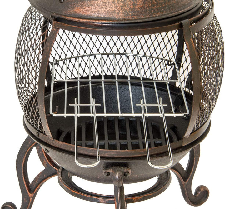 Terrassenofen Gartenkamin mit Grill, Gusseisen, Grillkamin 360° FireView, Funkenschutzgitter, Antik-