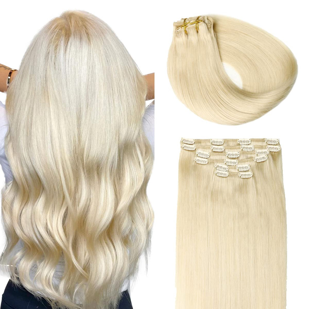 SURNEL Clip in Extensions Echthaar, 120g 6pcs 50cm Helles Platinblond Echthaar Extensions Clip in Re