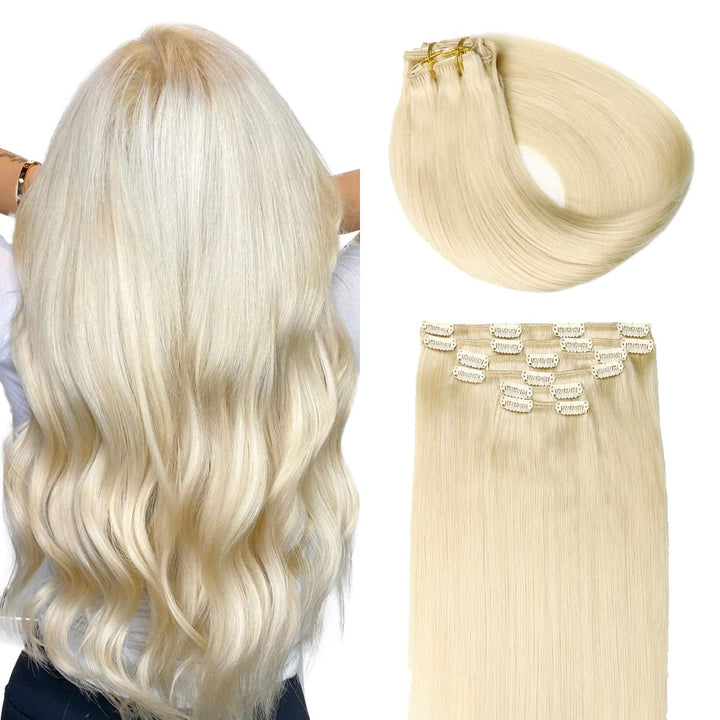 SURNEL Clip in Extensions Echthaar, 120g 6pcs 50cm Helles Platinblond Echthaar Extensions Clip in Re
