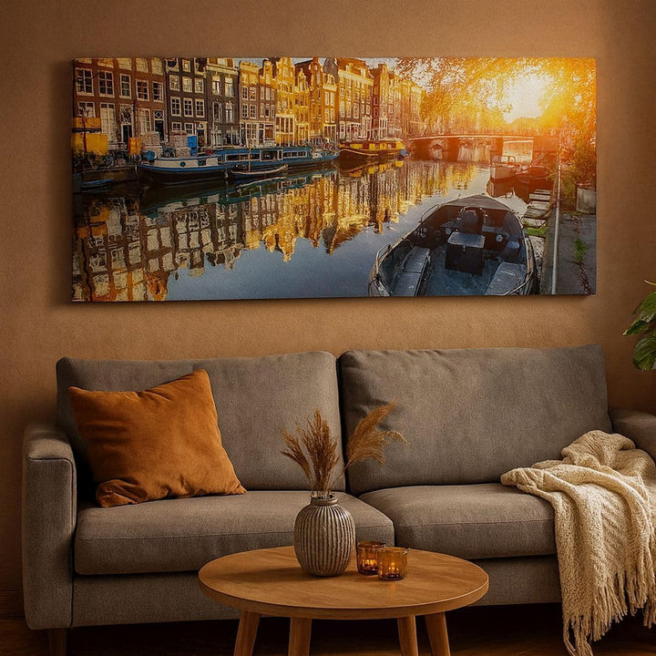 Wandbilder Dekoration Wohnzimmer Kanal Boot Amsterdam Wasser Panorama Bilder auf Leinwand 120x50cm L