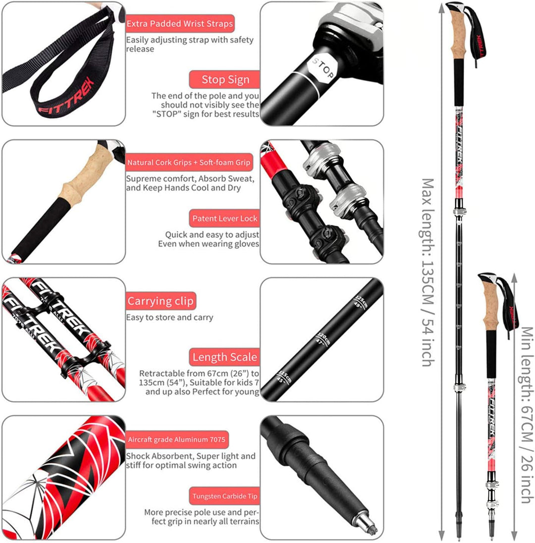 FitTrek Wanderstöcke Kork - Trekkingstöcke - Walking Stöcke Teleskop Verstellbar Leicht für Damen, H