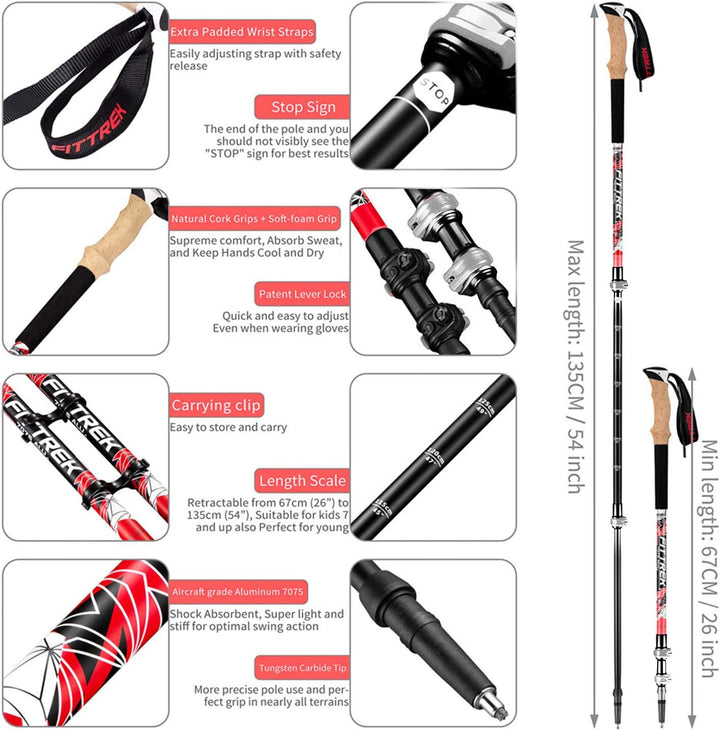 FitTrek Wanderstöcke Kork - Trekkingstöcke - Walking Stöcke Teleskop Verstellbar Leicht für Damen, H