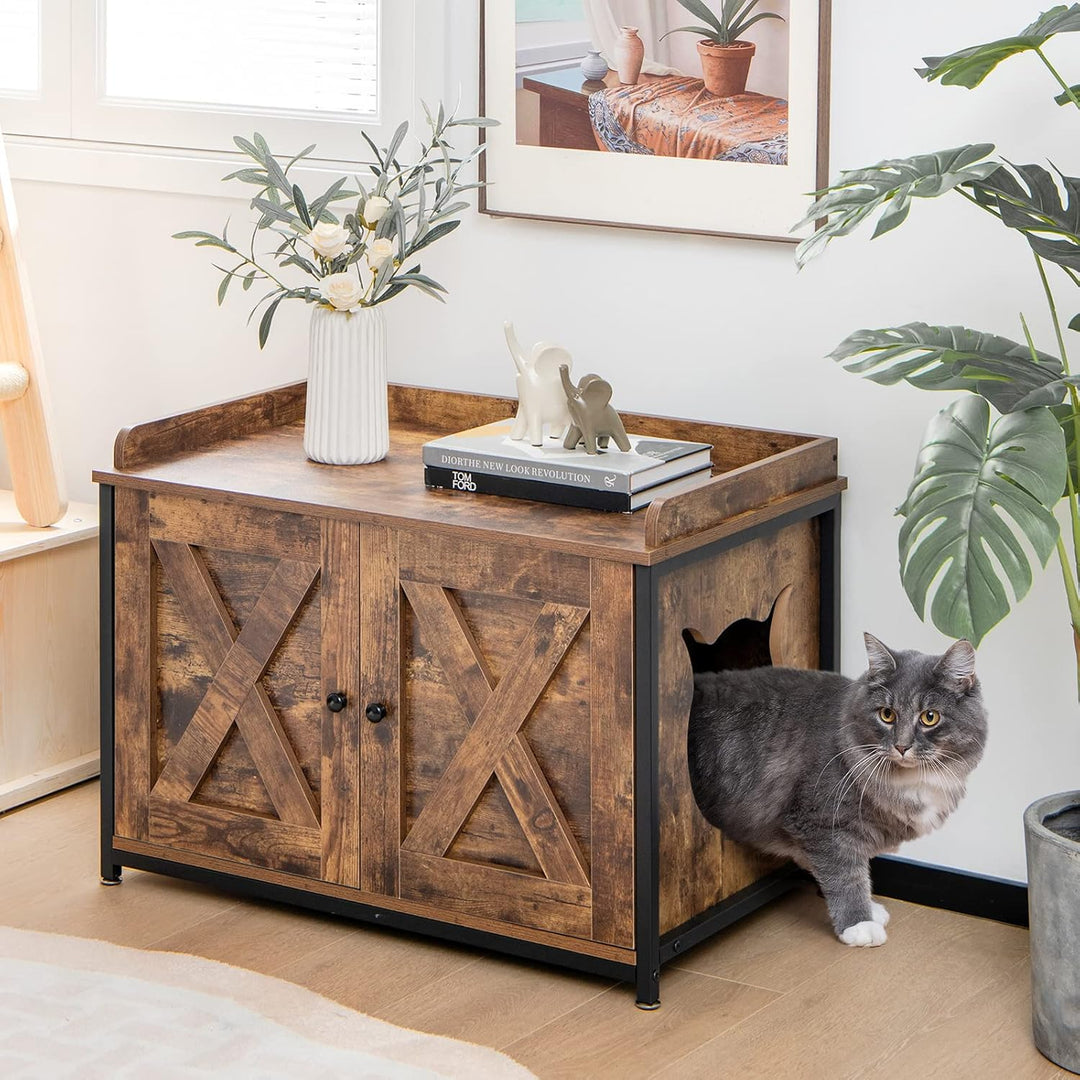 GOPLUS 2 in 1 Katzenschrank, Katzenklo mit Doppeltüren, verstellbaren Füsse und Katzenlöchern, verst