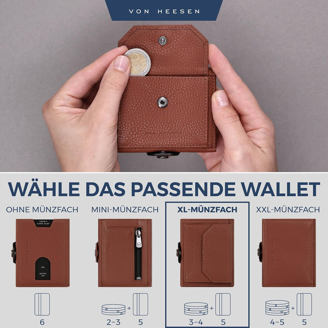 VON HEESEN® Slim Wallet mit XXL Münzfach & RFID-Schutz I Leder Geldbeutel I Mini Geldbörse für Herre