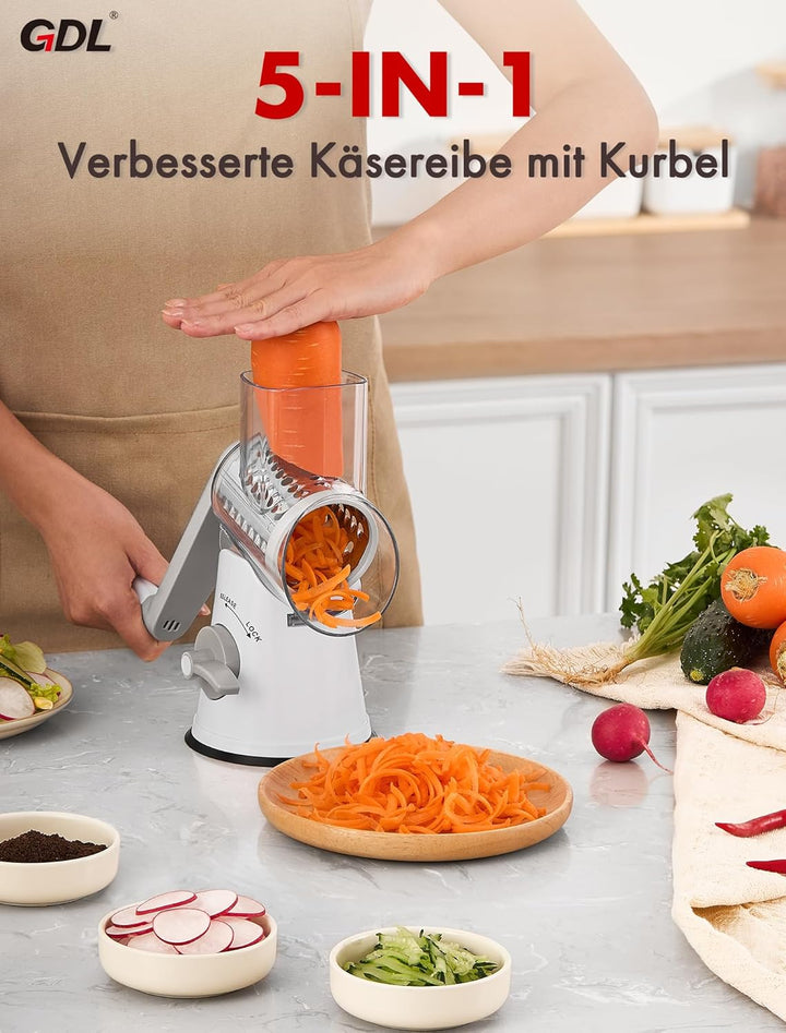 GDL Käsereibe mit Kurbel, Aktualisiert Reibe für Gemüse mit 5 Trommelblättern, Trommelreibe Gemüsesc