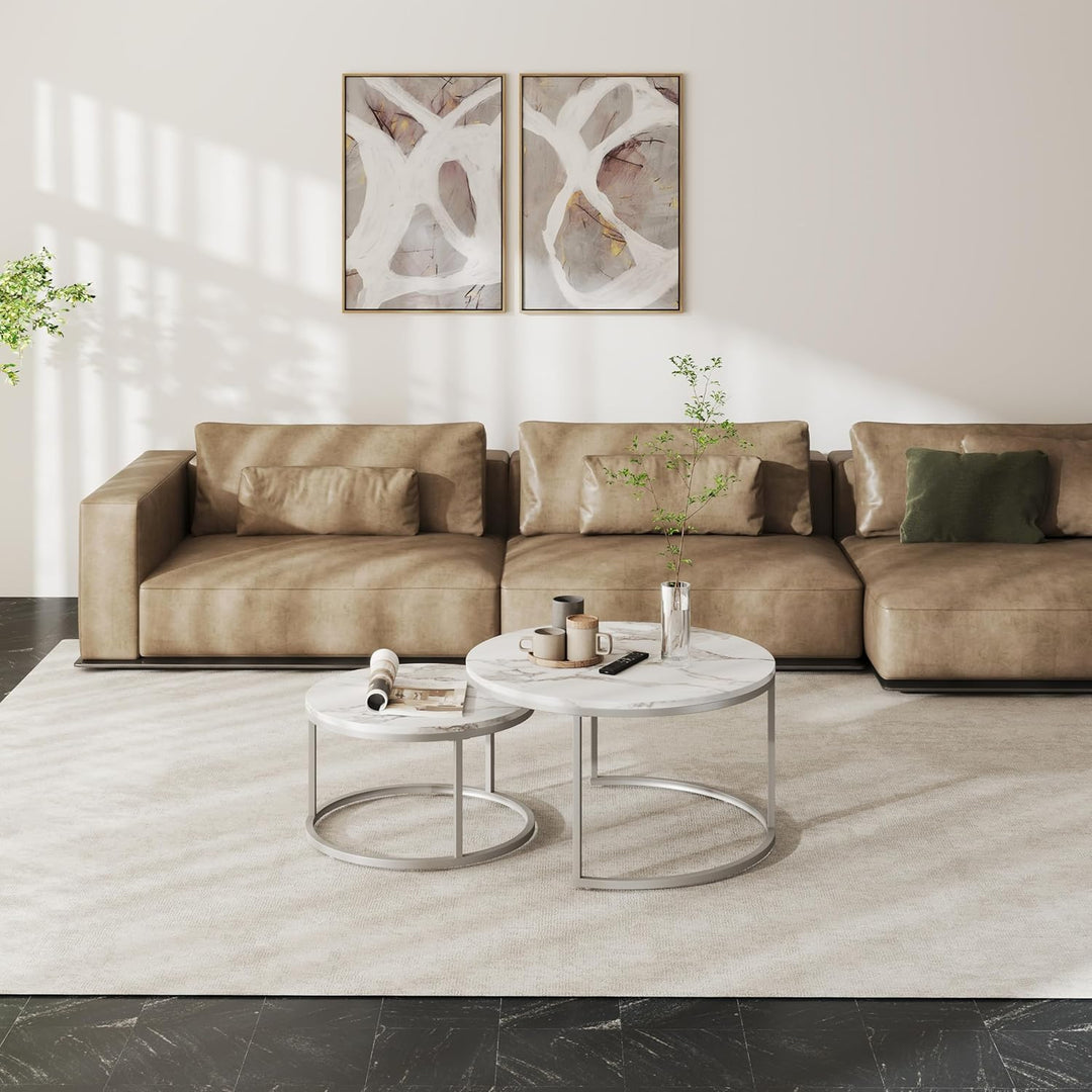 Couchtisch Marmor Optik, Runder Wohnzimmertisch, Weiss Couchtisch Silber, Satztische fürs Wohnzimmer