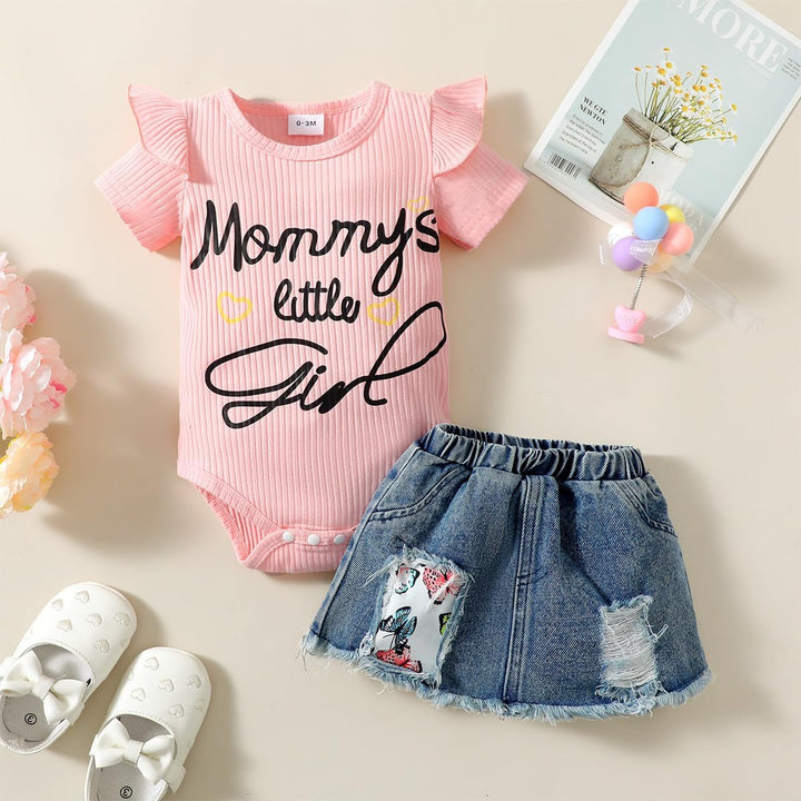 Vestiti Set per Neonata Manica Corta/Lunga Stampa a Lettere Tutina a Coste +Gonna in Denim Abbigliam