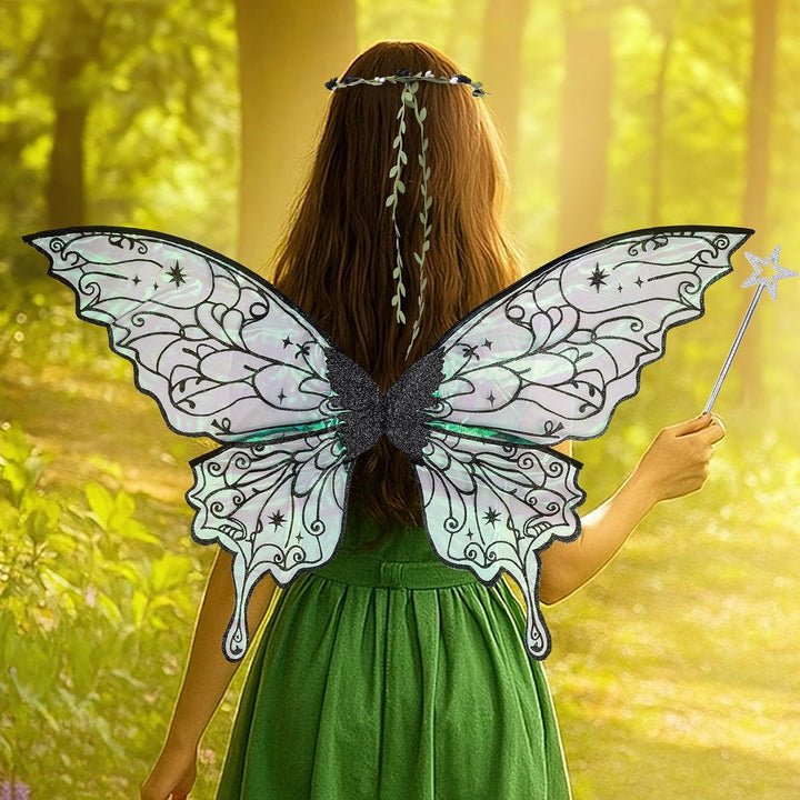 4 Stück Feenflügel Erwachsene Set Schmetterlingsflügel Blumenkranz Feenstab Elfenohren Fasching Dame