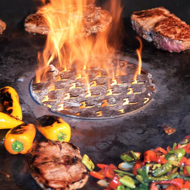 Edelstahl Grilleinsatz für alle Feuerplatten mit 20cm Feuerloch mit Flammenbranding Grilleinsatz Ø 2