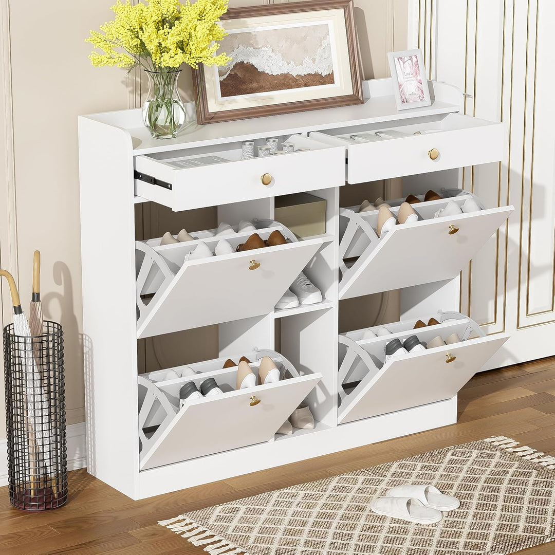 Merax Schuhschrank 110x26x100 cm, mit 4 Klapptüren 2 Schubladen 3 offenen Fächern, Platzsparender Sc