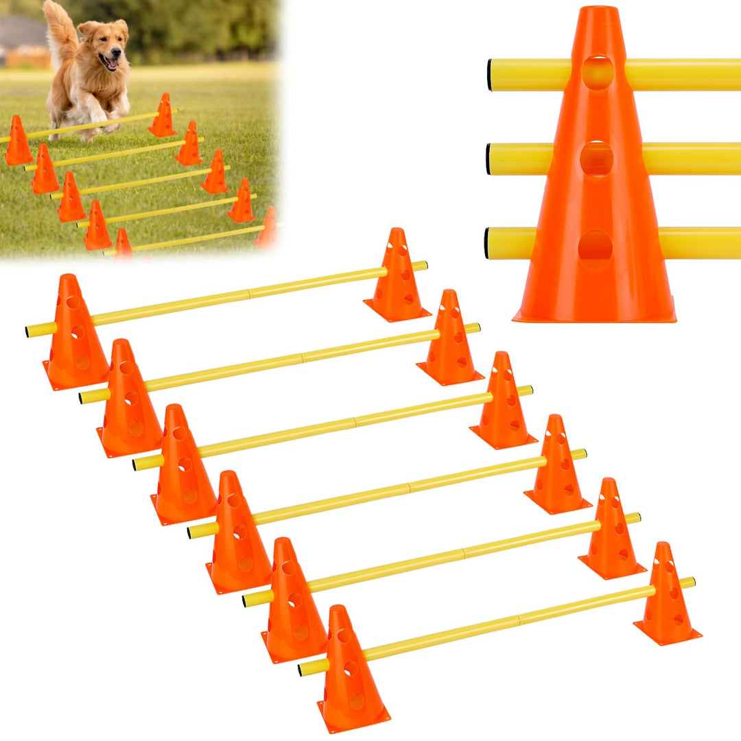 QWORK® Sports Steckhürdenset 12 Kegel + 6 Stangen Agility,23cm Höhe, 100cm Länge, Steckhürdenset für