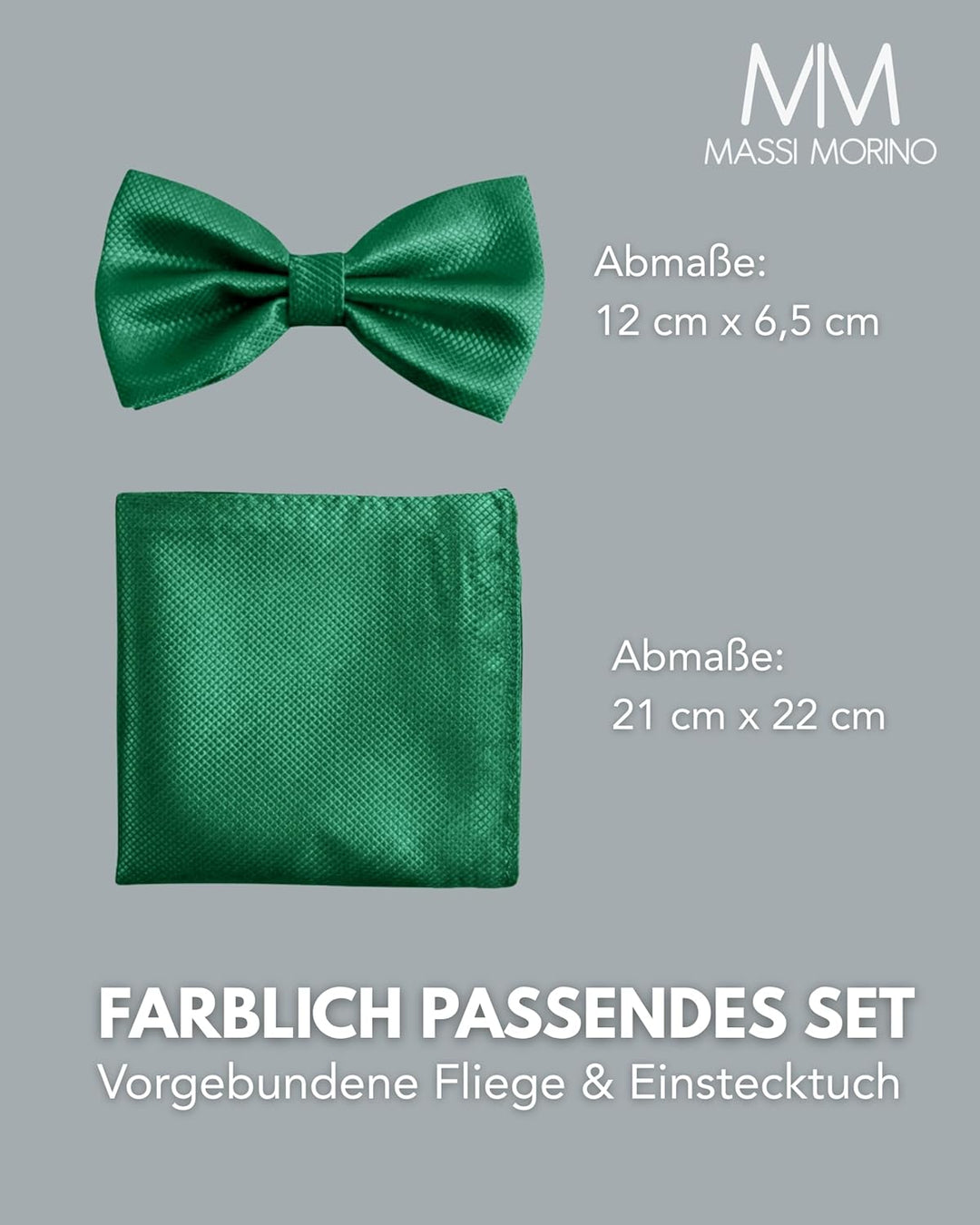 Massi Morino Fliege mit Einstecktuch für Herren Set - Anzug Herrenfliege zur Hochzeit - Verstellbare