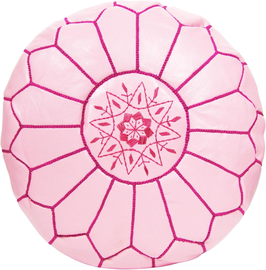 ALMADIH Leder Pouf Sitzkissen rosa mit lila Ziernaht Robustes Leder + formstabile Füllung - Traditio