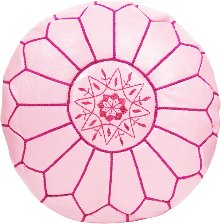ALMADIH Leder Pouf Sitzkissen rosa mit lila Ziernaht Robustes Leder + formstabile Füllung - Traditio