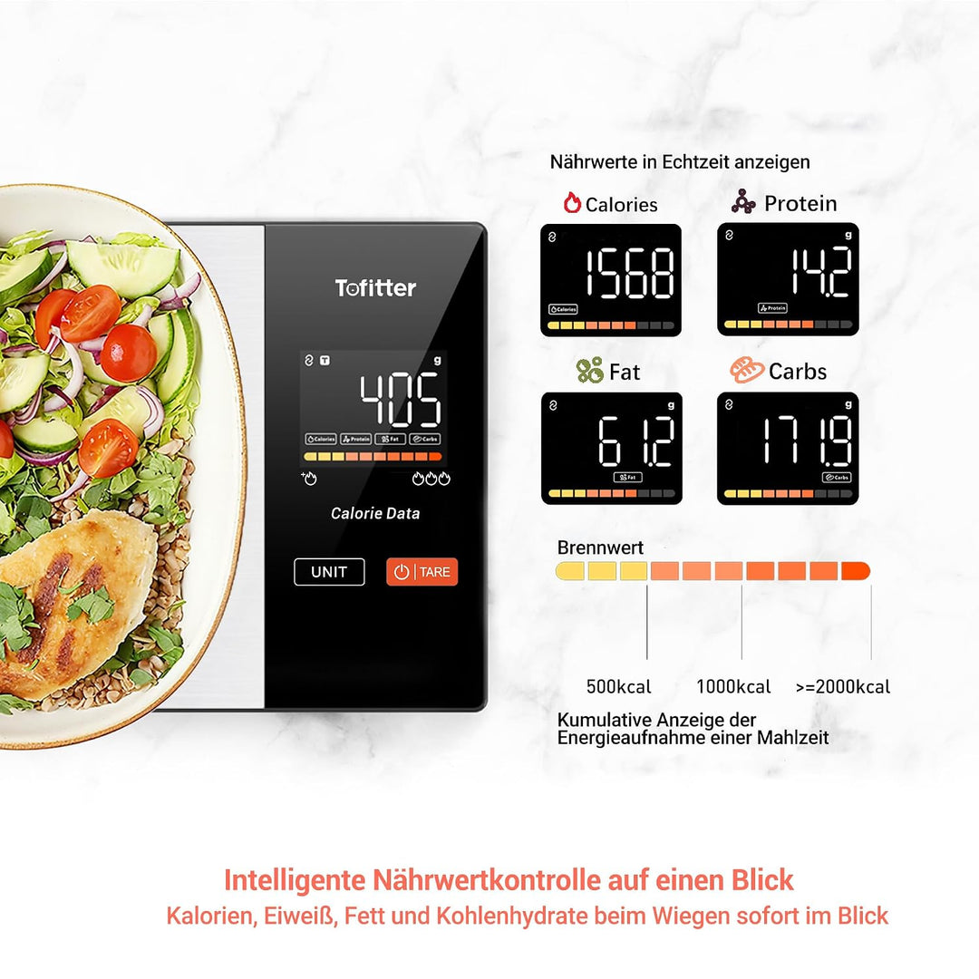Smart Küchenwaage Bluetooth Ernährung Lebensmittelwaage mit kostenloser App Verfolgt 20 Nährstoffe&amp;K