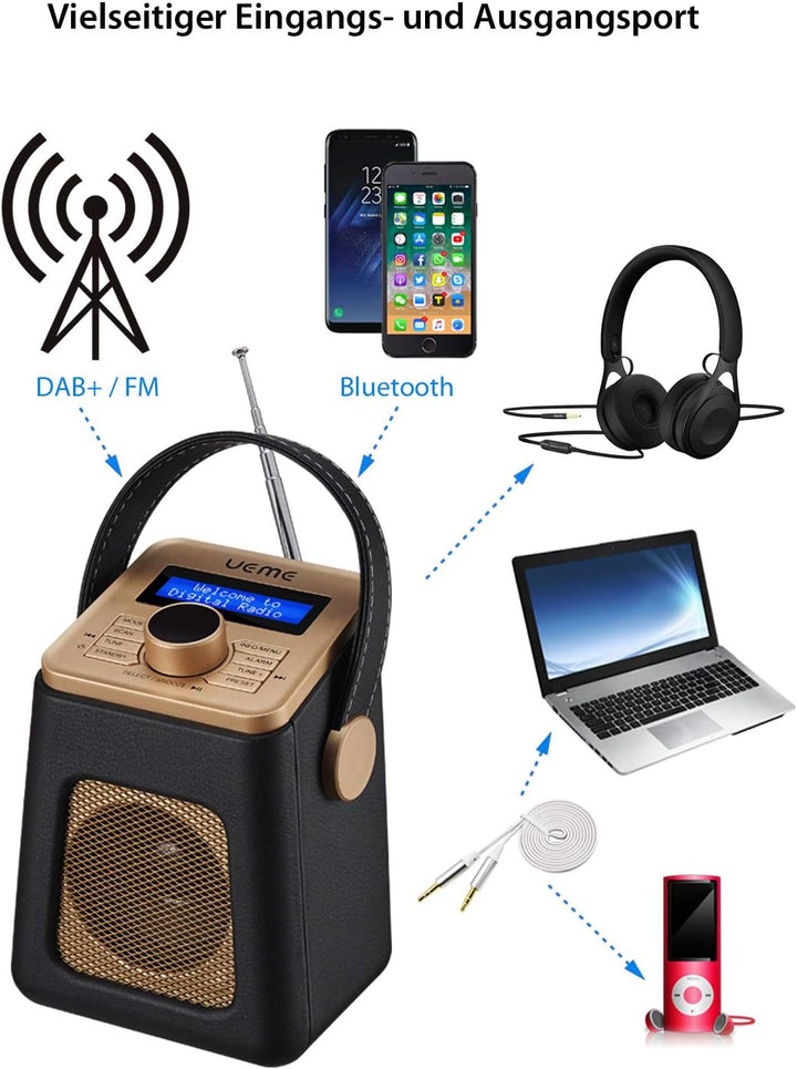 UEME Mini DAB+ DAB Digitalradio und UKW Radio mit Bluetooth Lautsprecher, Radiowecker, und Leder Ver