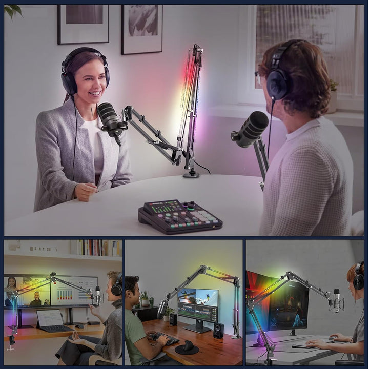 Jubor Mikrofon Boom Arm mit RGB Licht, Mikrofonarm Schreibtisch mit 3/8" bis 5/8" Schraube, Verstell