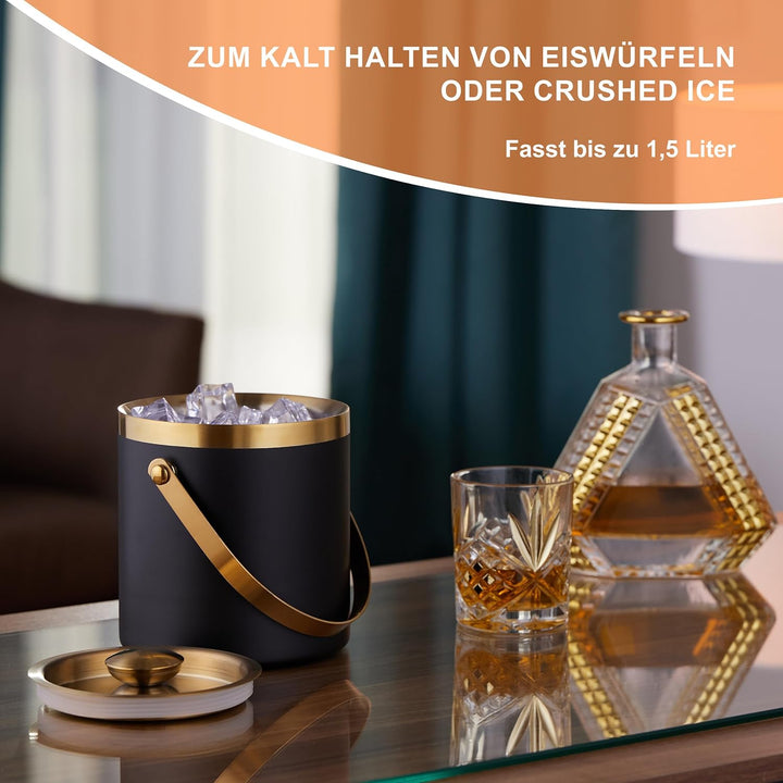 Relaxdays Eiswürfelbehälter, Edelstahl, doppelwandig, Eiseimer mit Deckel & Henkel, 1,5 l, Eiswürfel