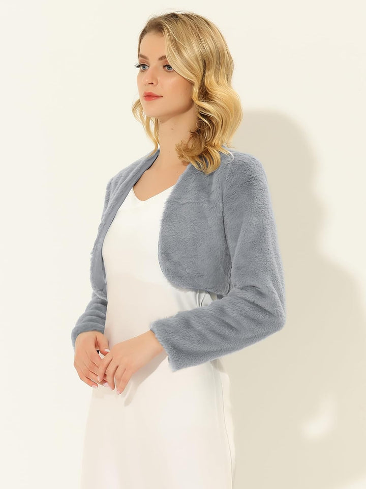 Allegra K Damen Bolero Langarm Braut Winterjacke Kurz Geschnittene Offenem Fell Kunstpelz Hochzeits
