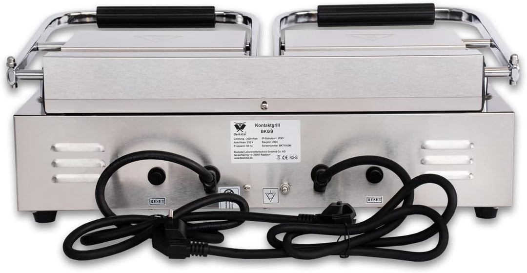 Beeketal 'BKG9' Gastro Doppelt Kontaktgrill mit Gusseisen Grillpatten (oben und unten glatt) mit Fet