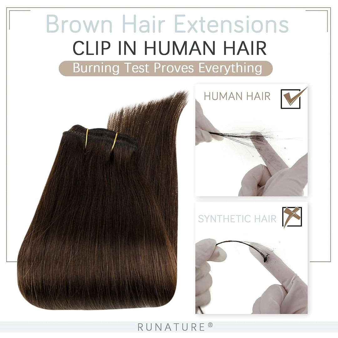 RUNATURE Haarverlängerung zum Anstecken, Echthaar, 25 cm, 25 cm, dunkelbraun, 2, Haarverlängerung, E