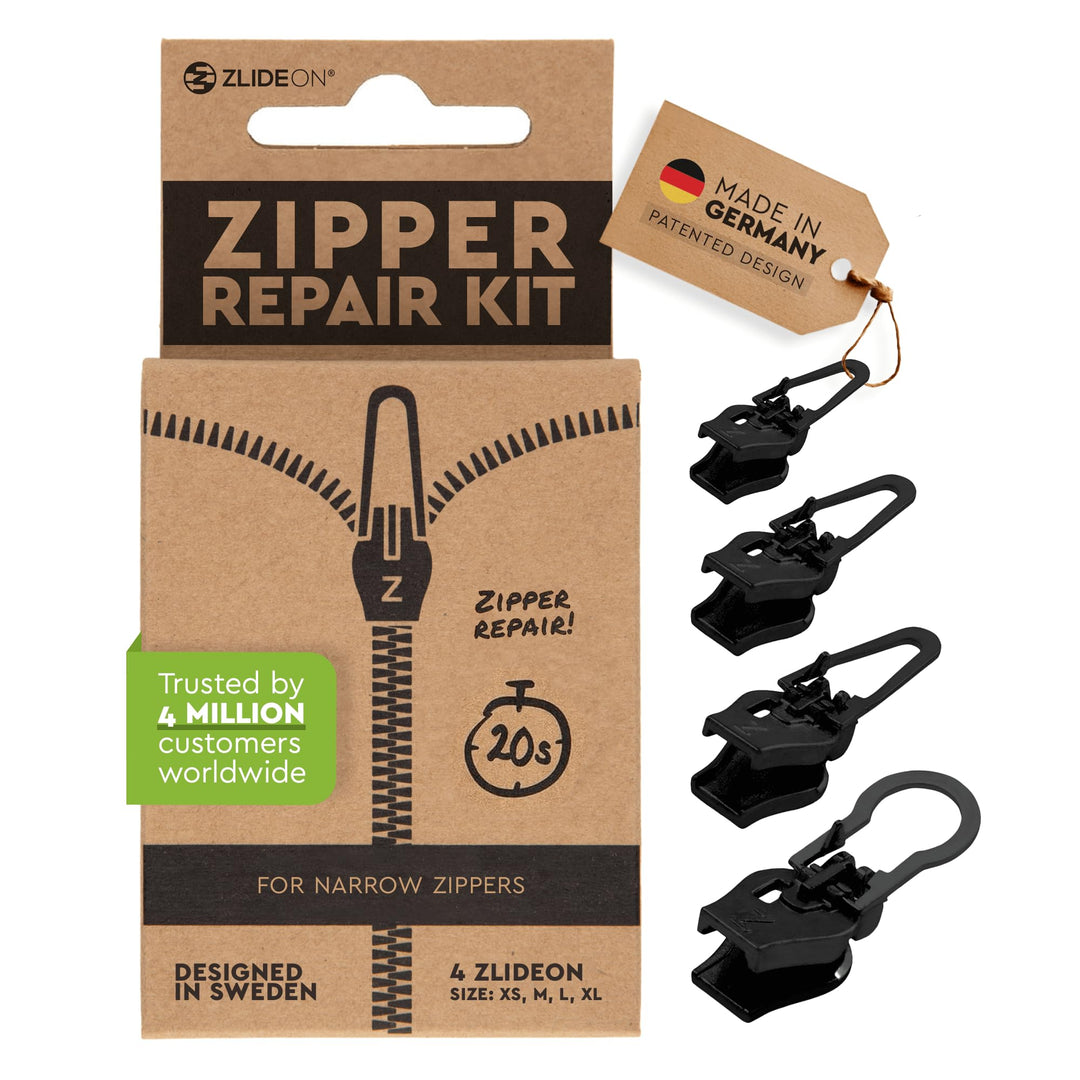 Zlideon Reissverschluss Reparaturset für schmale Reissverschlüsse – 4 Stück, Schwarz | Sofortiger Er