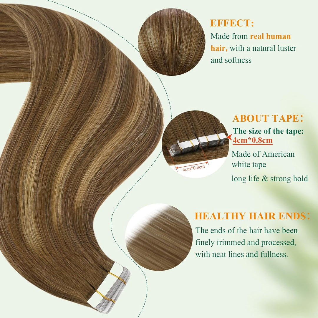 Easyouth Tape on Extensions Echthaar Glue in Haar Extensions Echthaar Farbe Mittelbraun Mix Honigblo