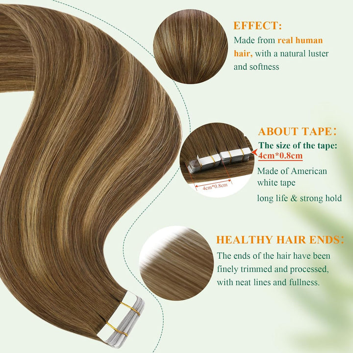 Easyouth Tape on Extensions Echthaar Glue in Haar Extensions Echthaar Farbe Mittelbraun Mix Honigblo