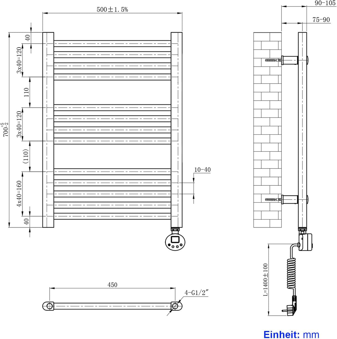 Heilmetz® Badheizkörper Elektrisch 70x50cm Badheizkörper Elektrisch mit Thermostat+Timer-Funktion Ge